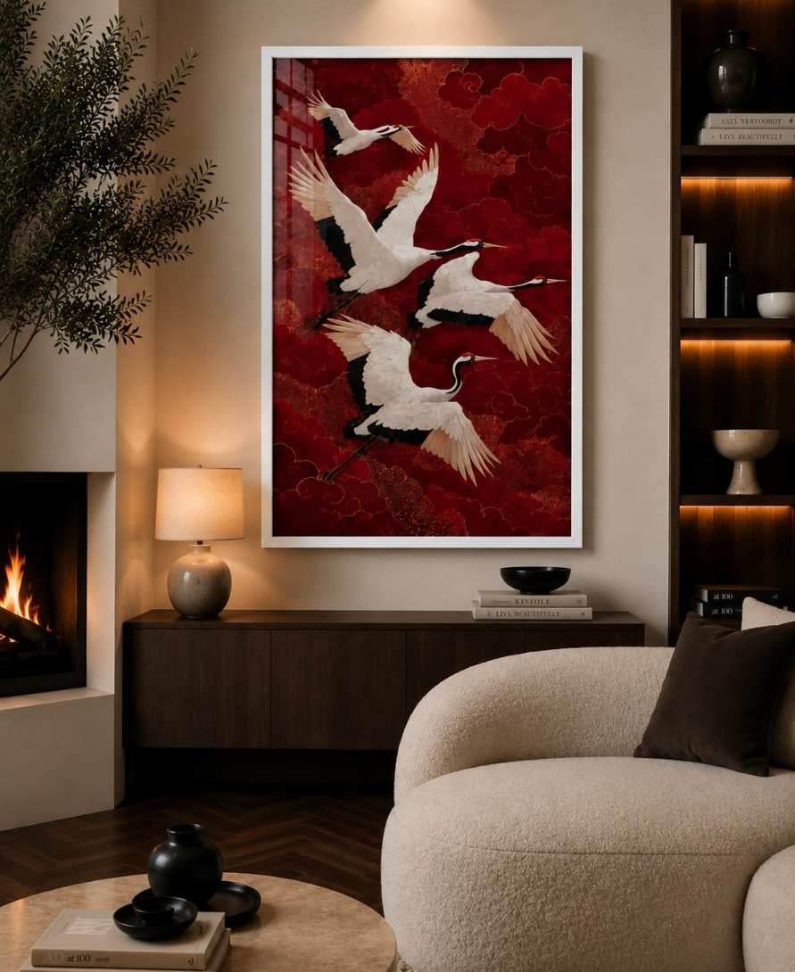 Cranes over red clouds