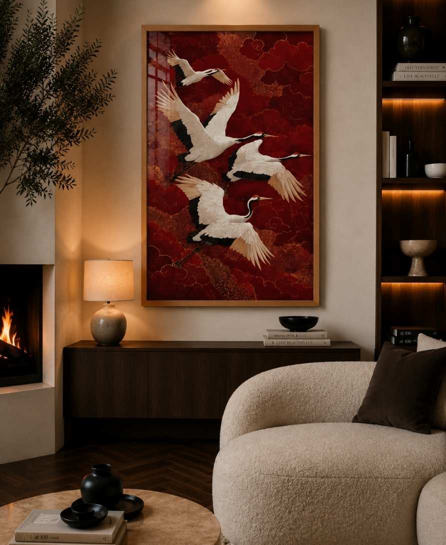 Cranes over red clouds