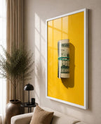 Rolled Up Dollar Bills Stack On Yellow Background