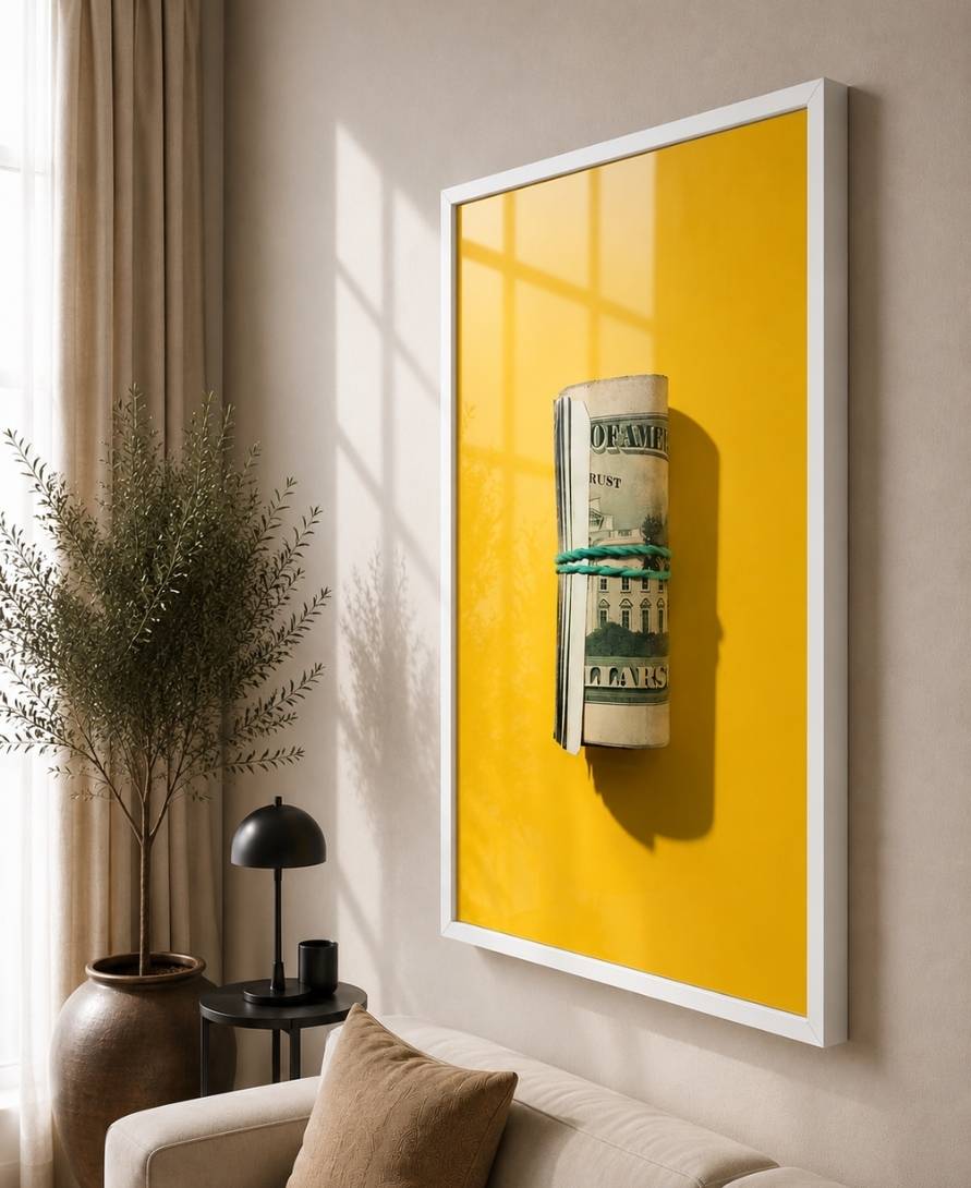 Rolled Up Dollar Bills Stack On Yellow Background