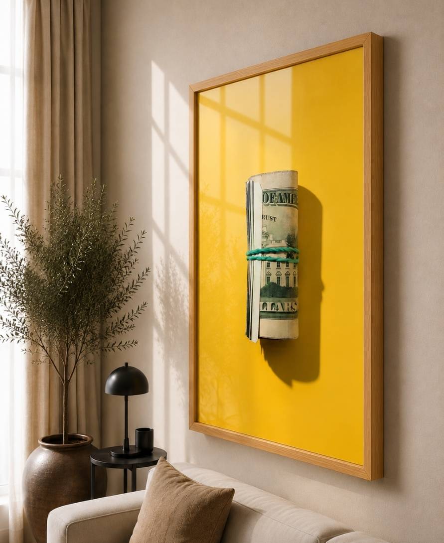 Rolled Up Dollar Bills Stack On Yellow Background