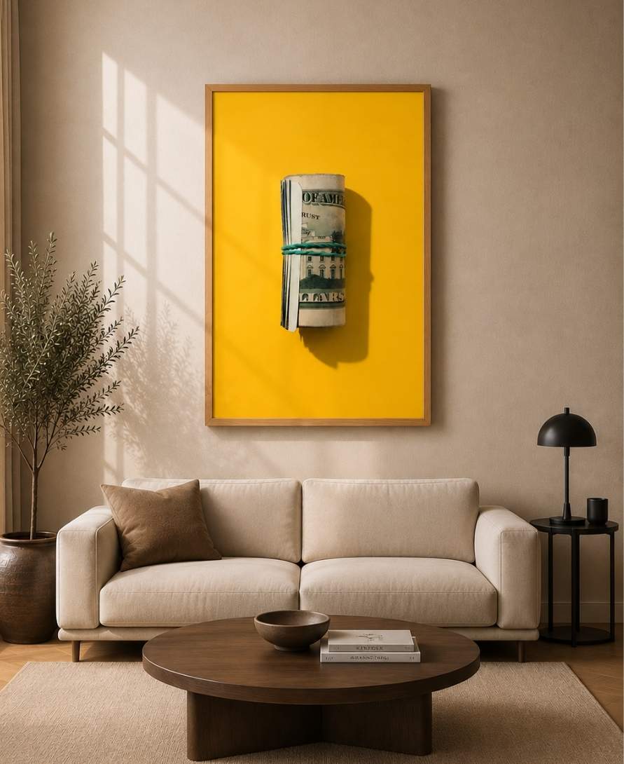 Rolled Up Dollar Bills Stack On Yellow Background