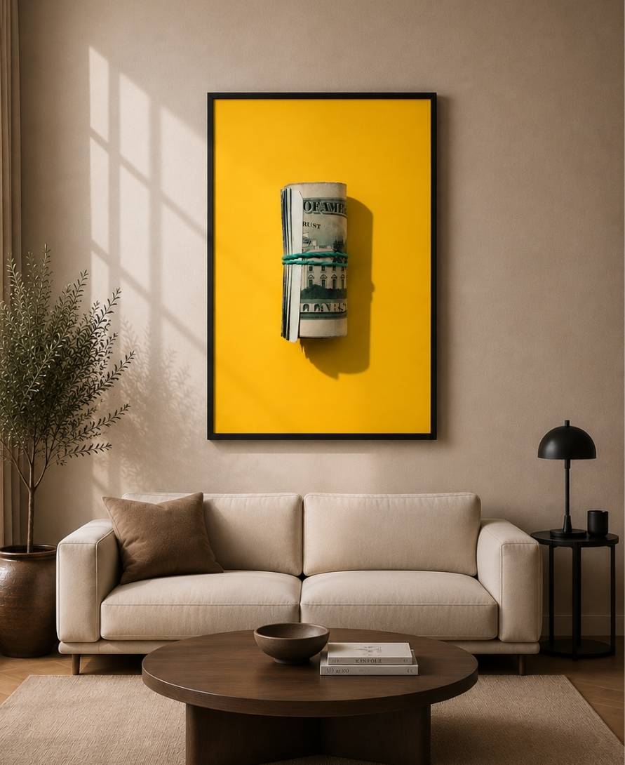 Rolled Up Dollar Bills Stack On Yellow Background