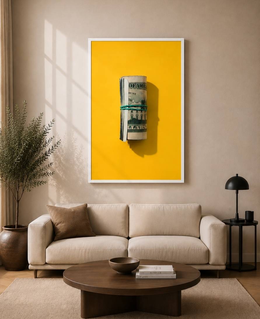 Rolled Up Dollar Bills Stack On Yellow Background