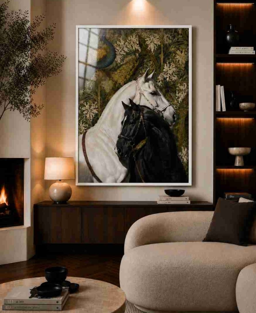 Two horses with peacock tapestry