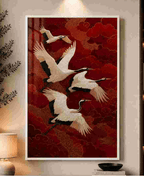 Cranes over red clouds