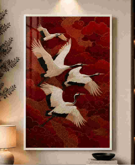 Cranes over red clouds