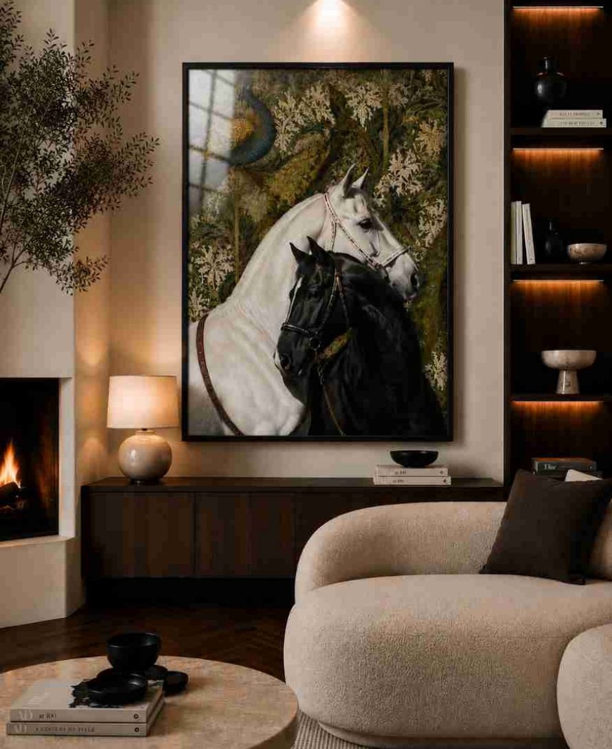 Two horses with peacock tapestry