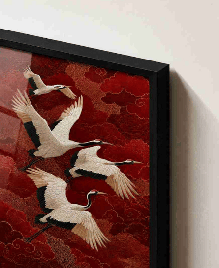 Cranes over red clouds