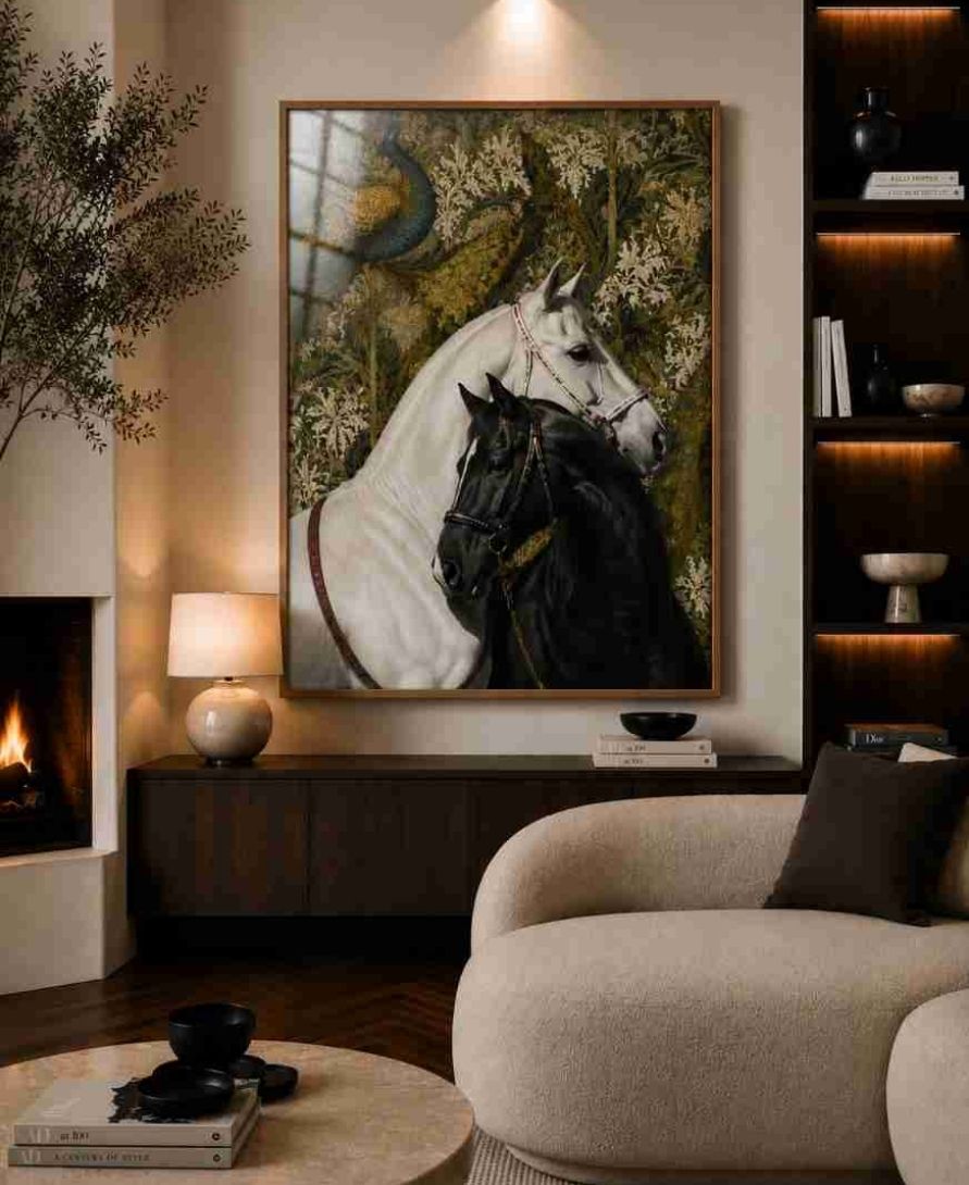Two horses with peacock tapestry