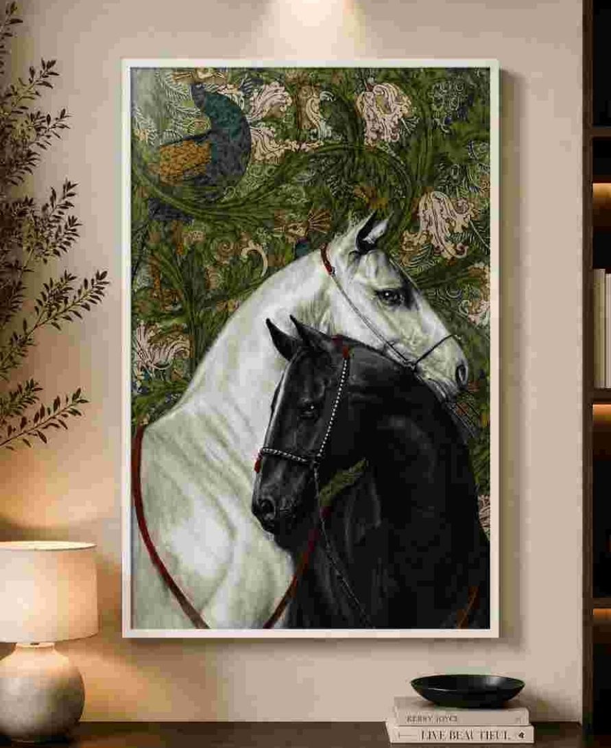 Two horses with peacock tapestry