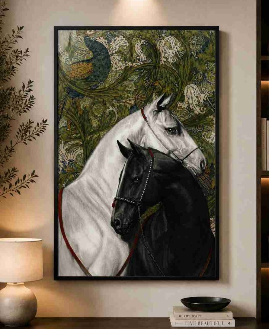 Two horses with peacock tapestry