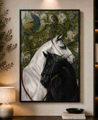Two horses with peacock tapestry