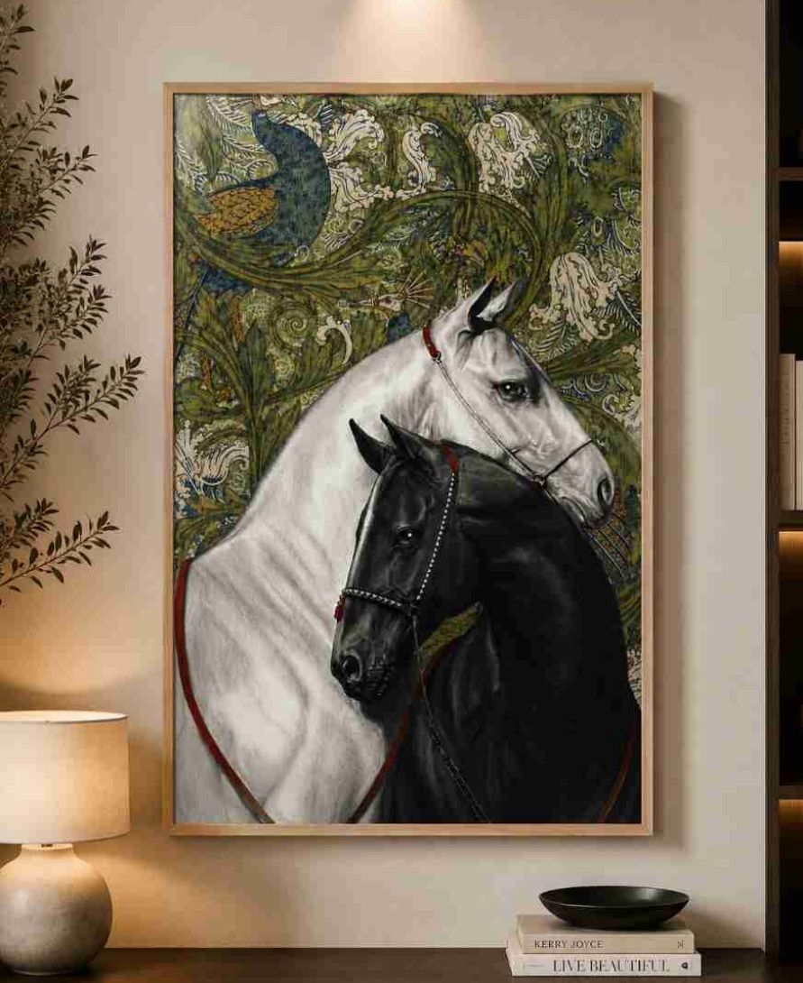 Two horses with peacock tapestry