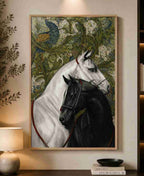 Two horses with peacock tapestry