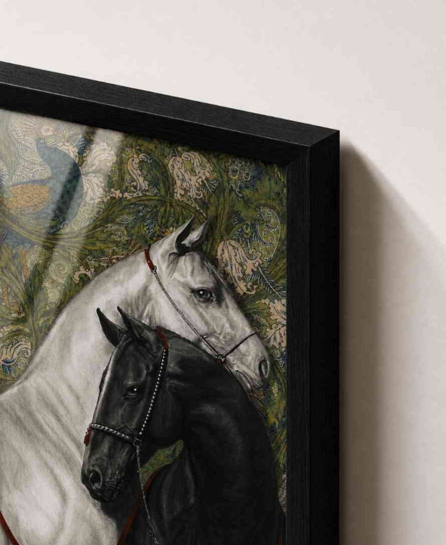 Two horses with peacock tapestry