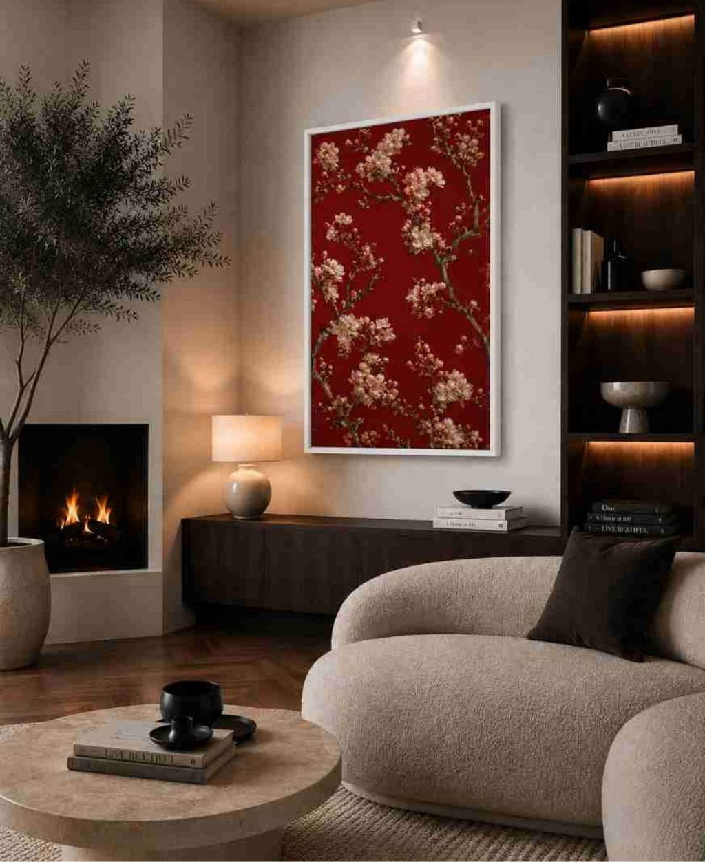 Cherry blossoms on deep red