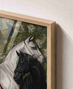 Two horses with peacock tapestry