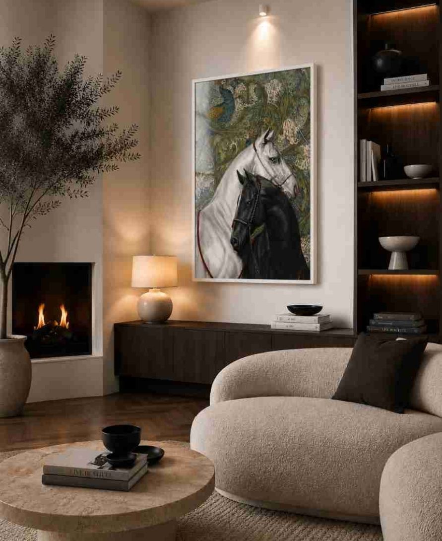 Two horses with peacock tapestry