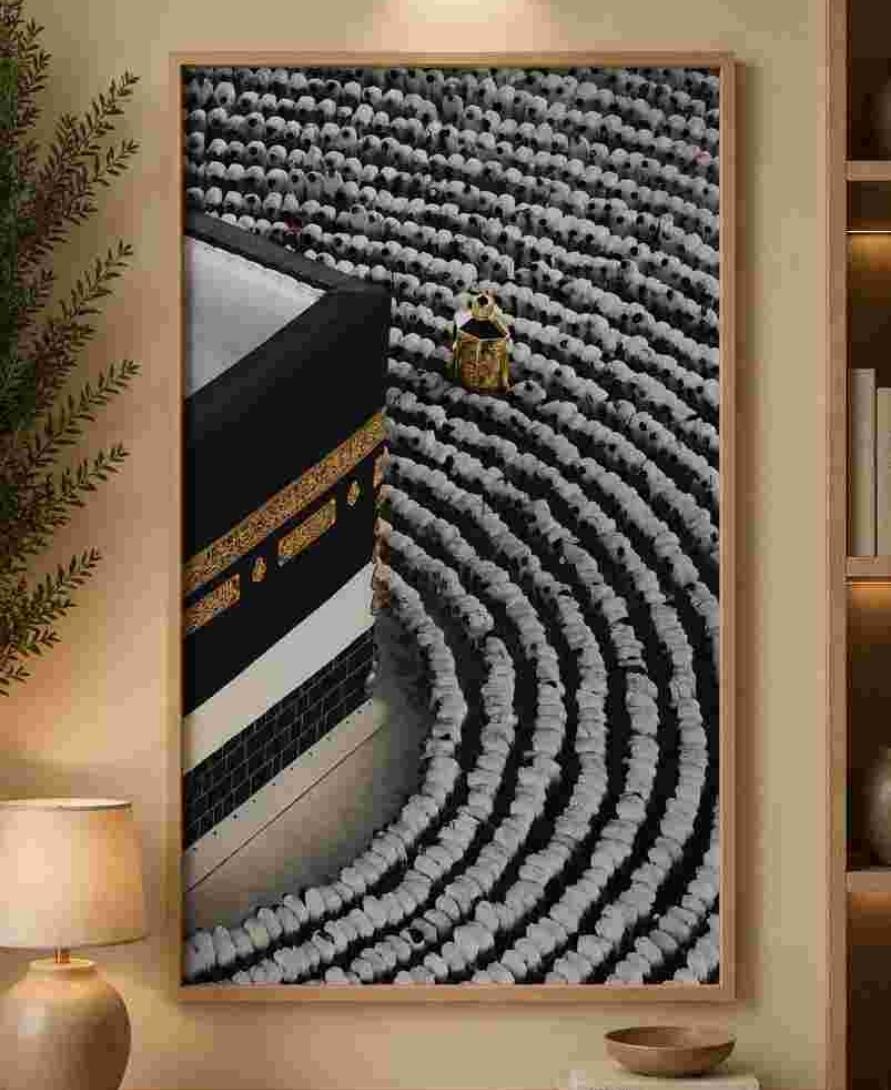 Aerial worshippers bowing at Kaaba corner