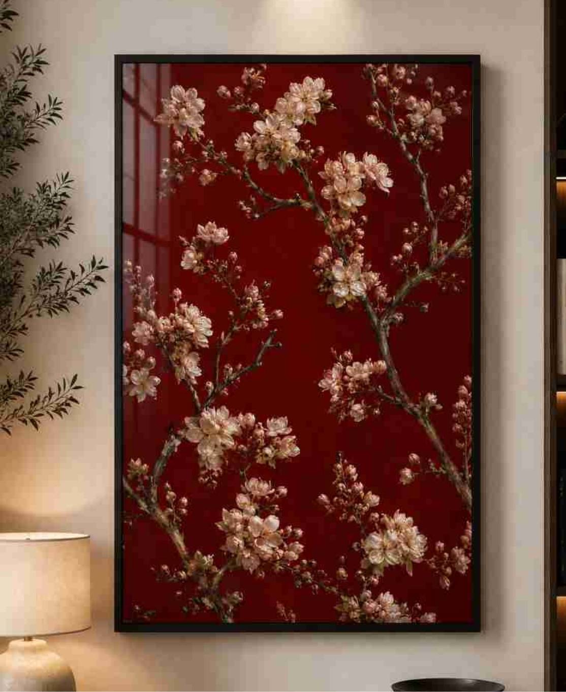 Cherry blossoms on deep red