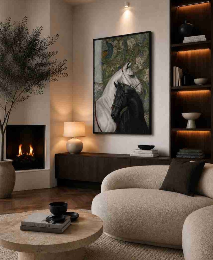 Two horses with peacock tapestry