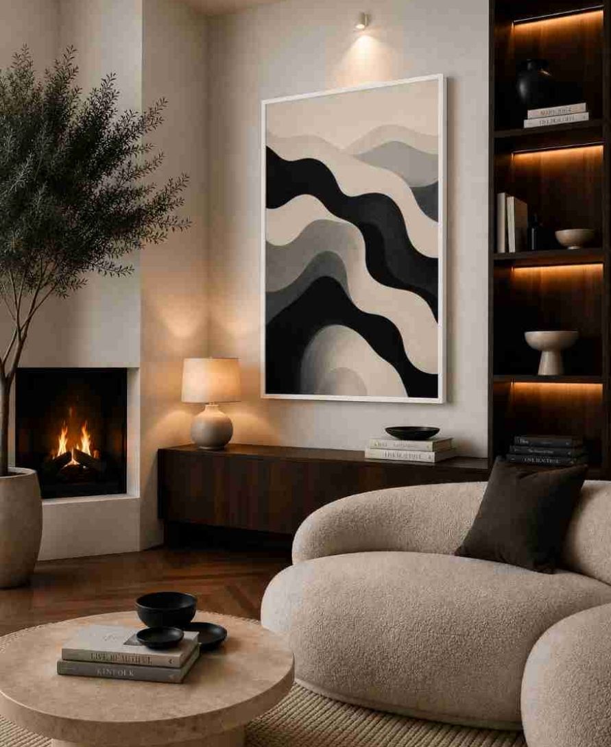 Black, grey & cream wave abstract