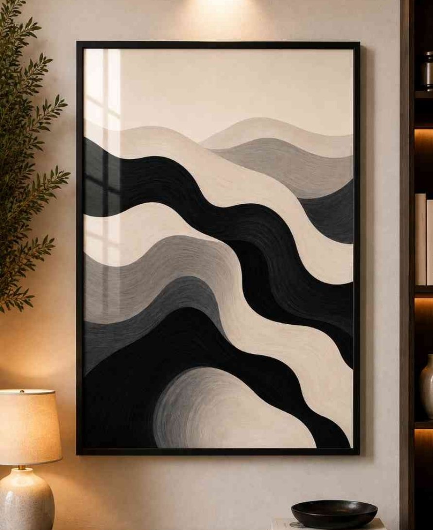 Black, grey & cream wave abstract