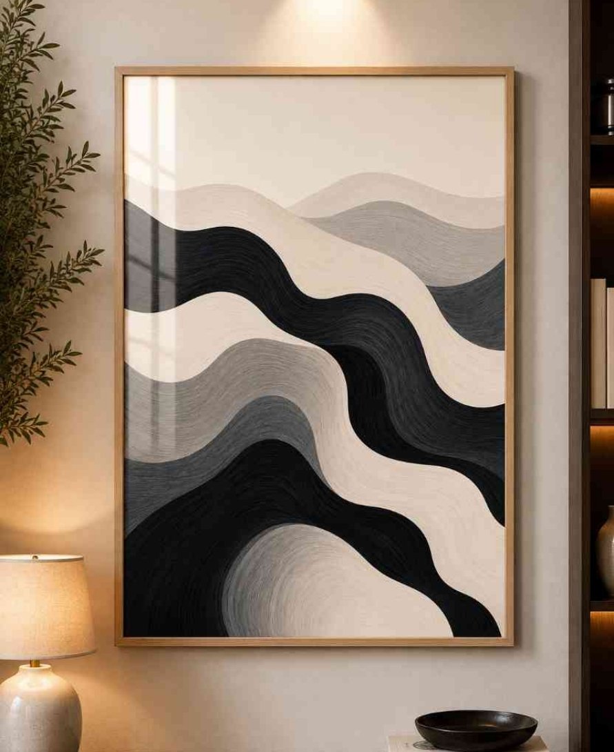 Black, grey & cream wave abstract