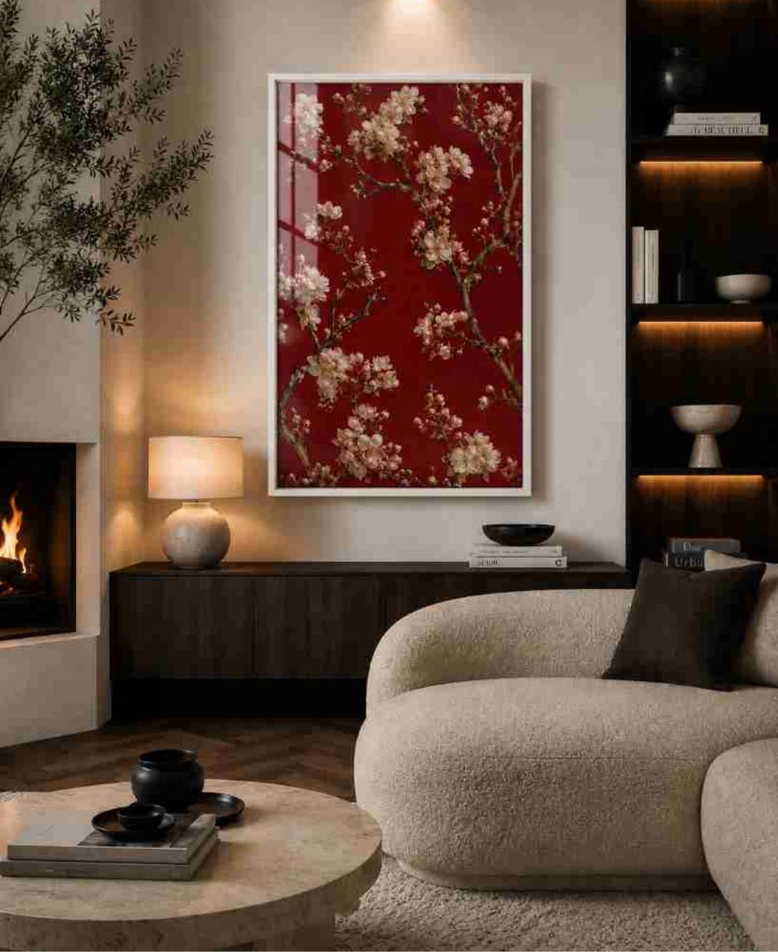 Cherry blossoms on deep red