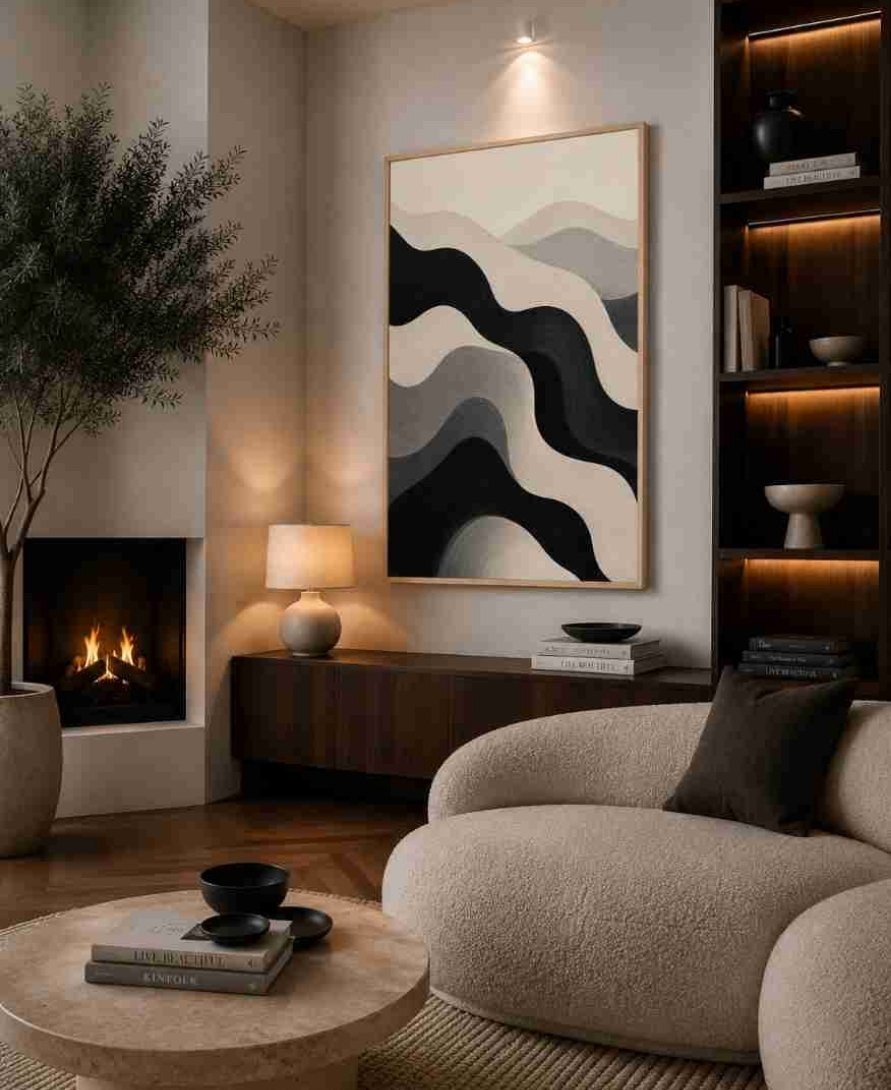 Black, grey & cream wave abstract