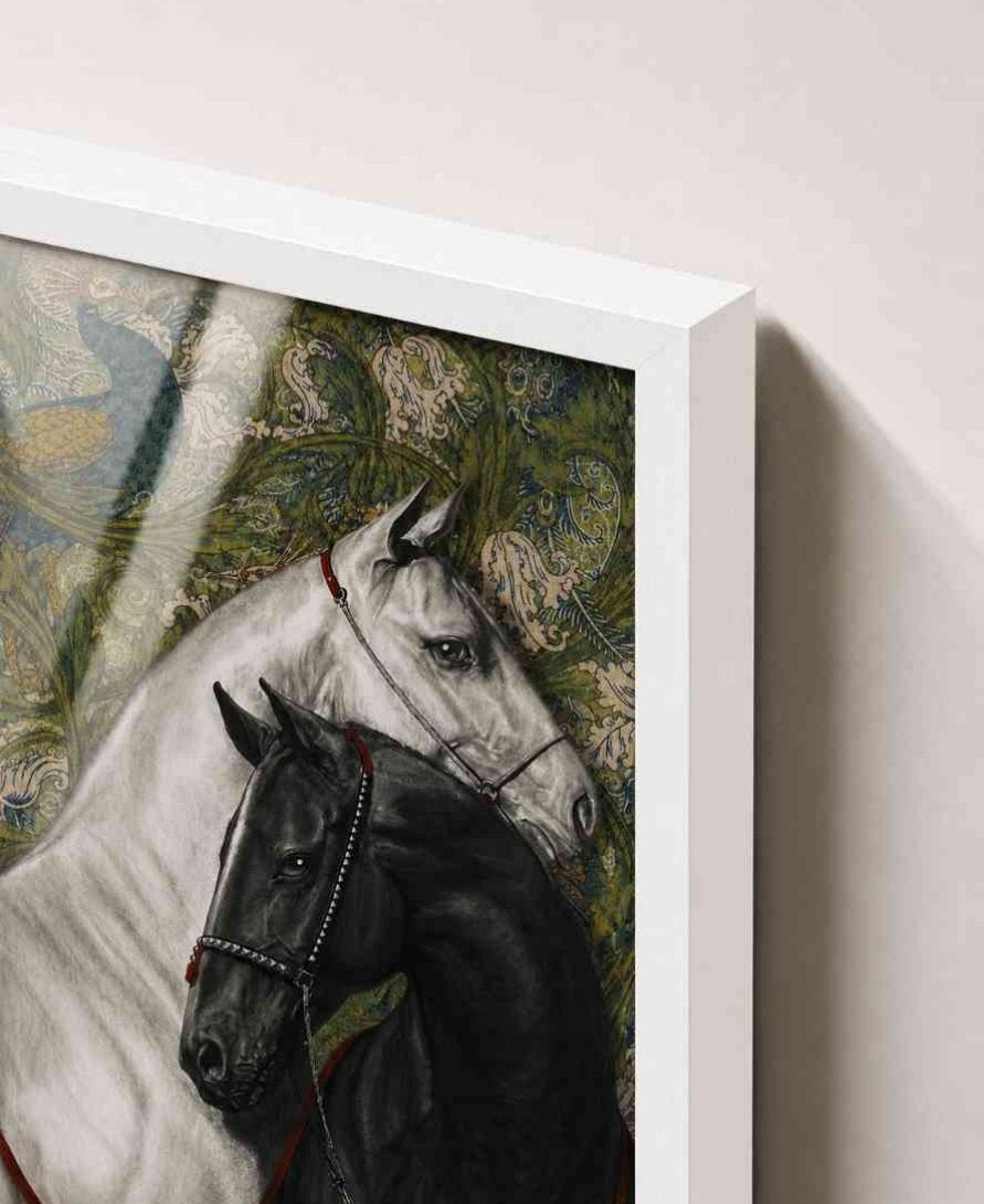 Two horses with peacock tapestry