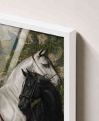 Two horses with peacock tapestry