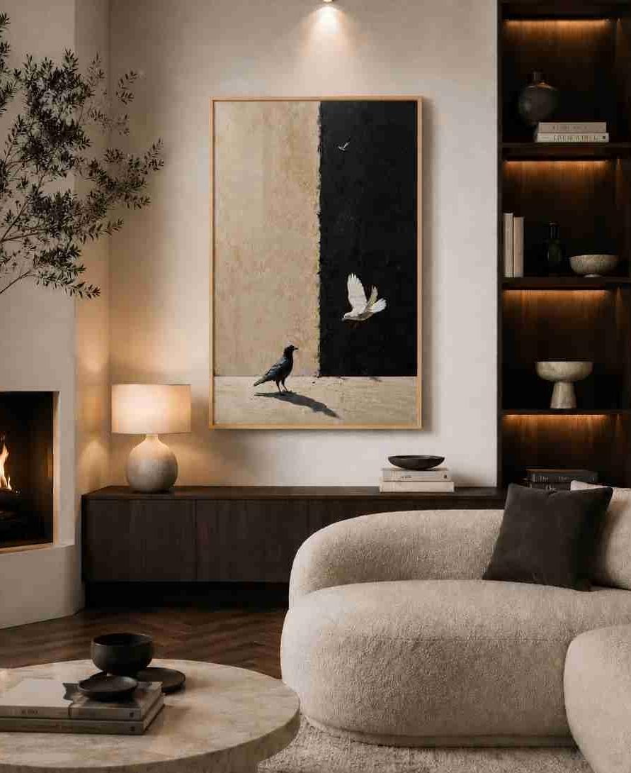 Crow and dove on split wall (light/dark)