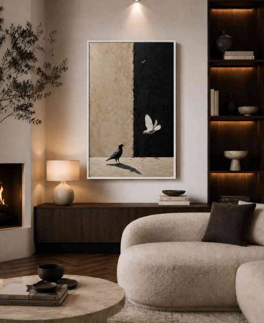 Crow and dove on split wall (light/dark)