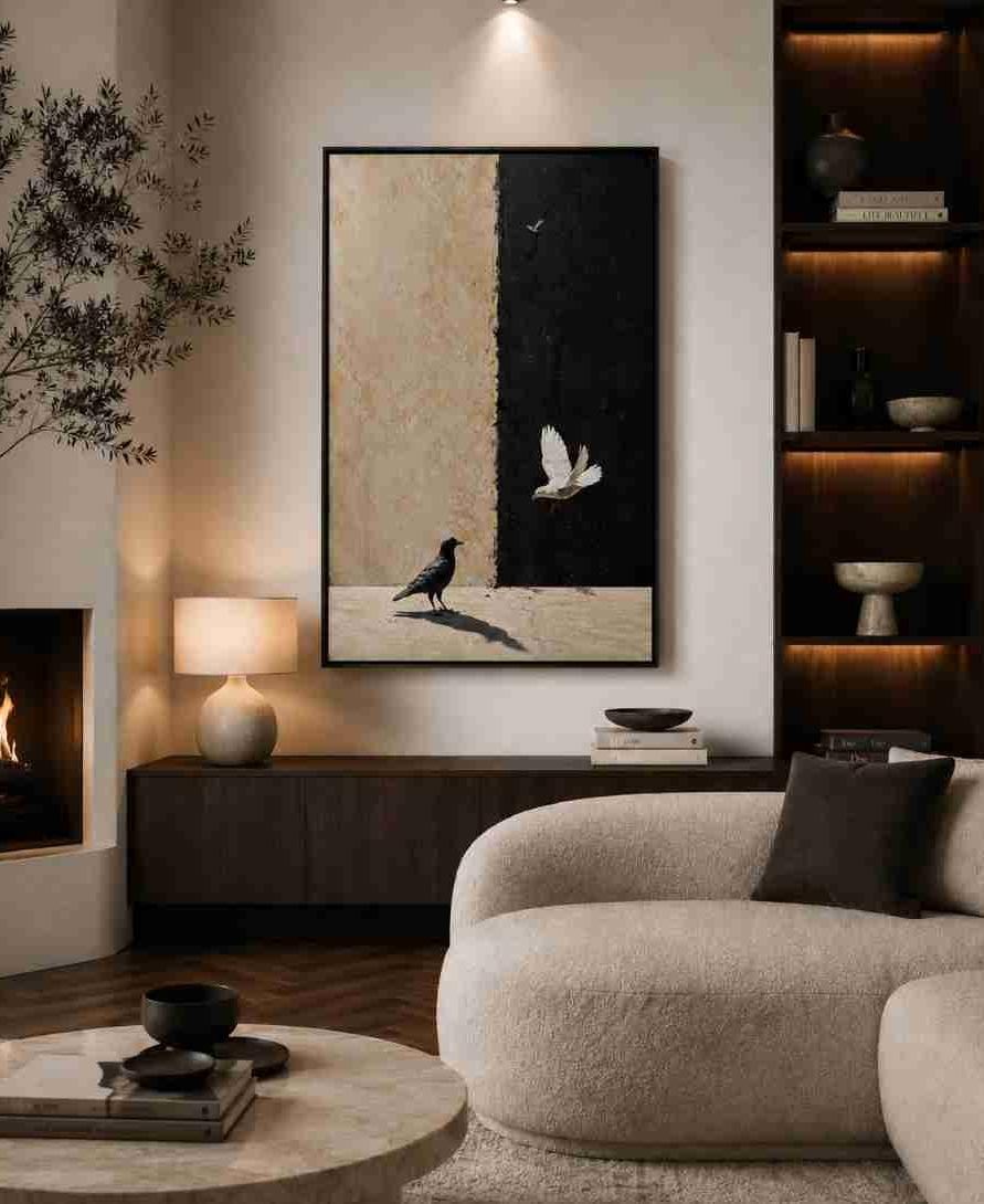 Crow and dove on split wall (light/dark)