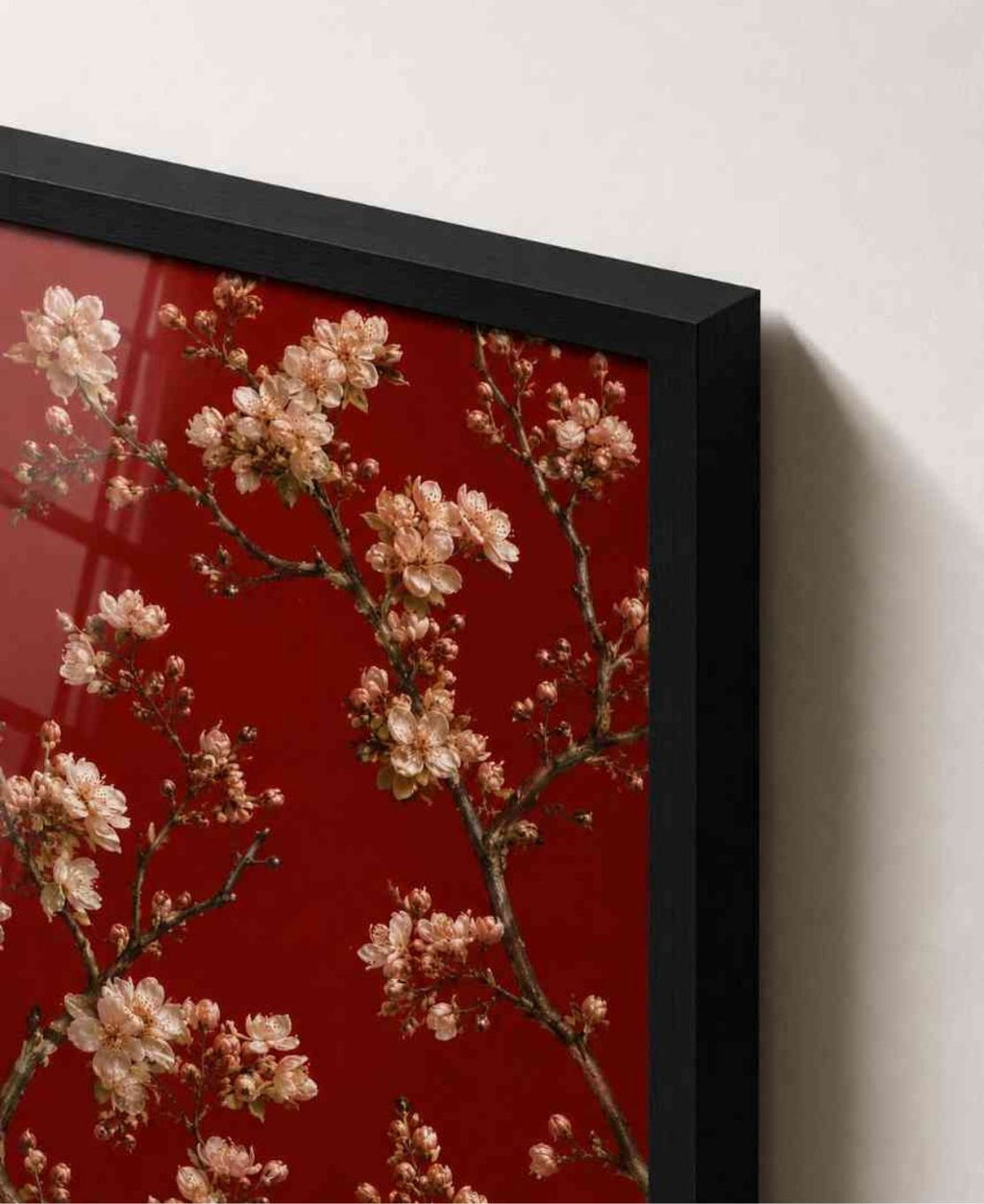 Cherry blossoms on deep red