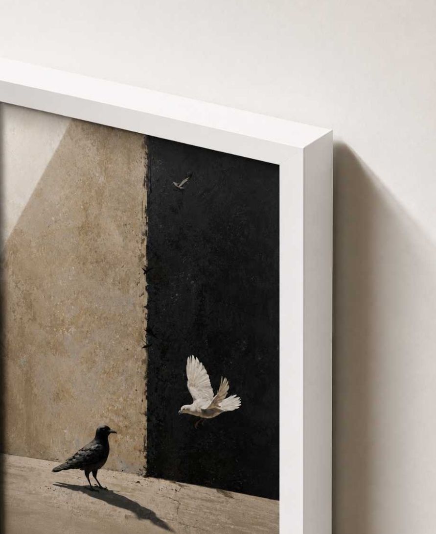 Crow and dove on split wall (light/dark)