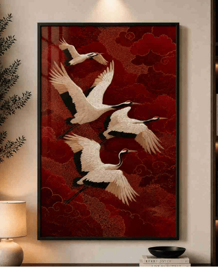 Cranes over red clouds