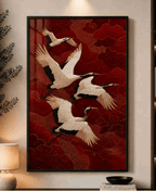 Cranes over red clouds