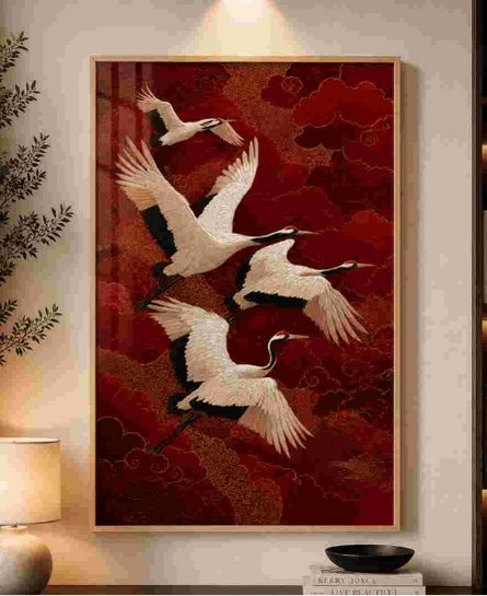 Cranes over red clouds