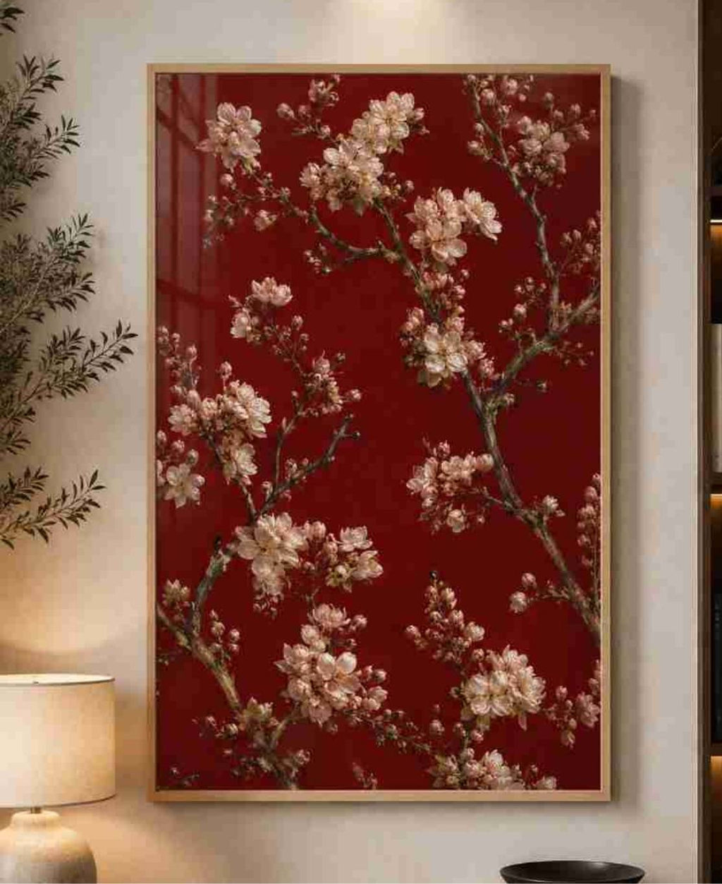 Cherry blossoms on deep red