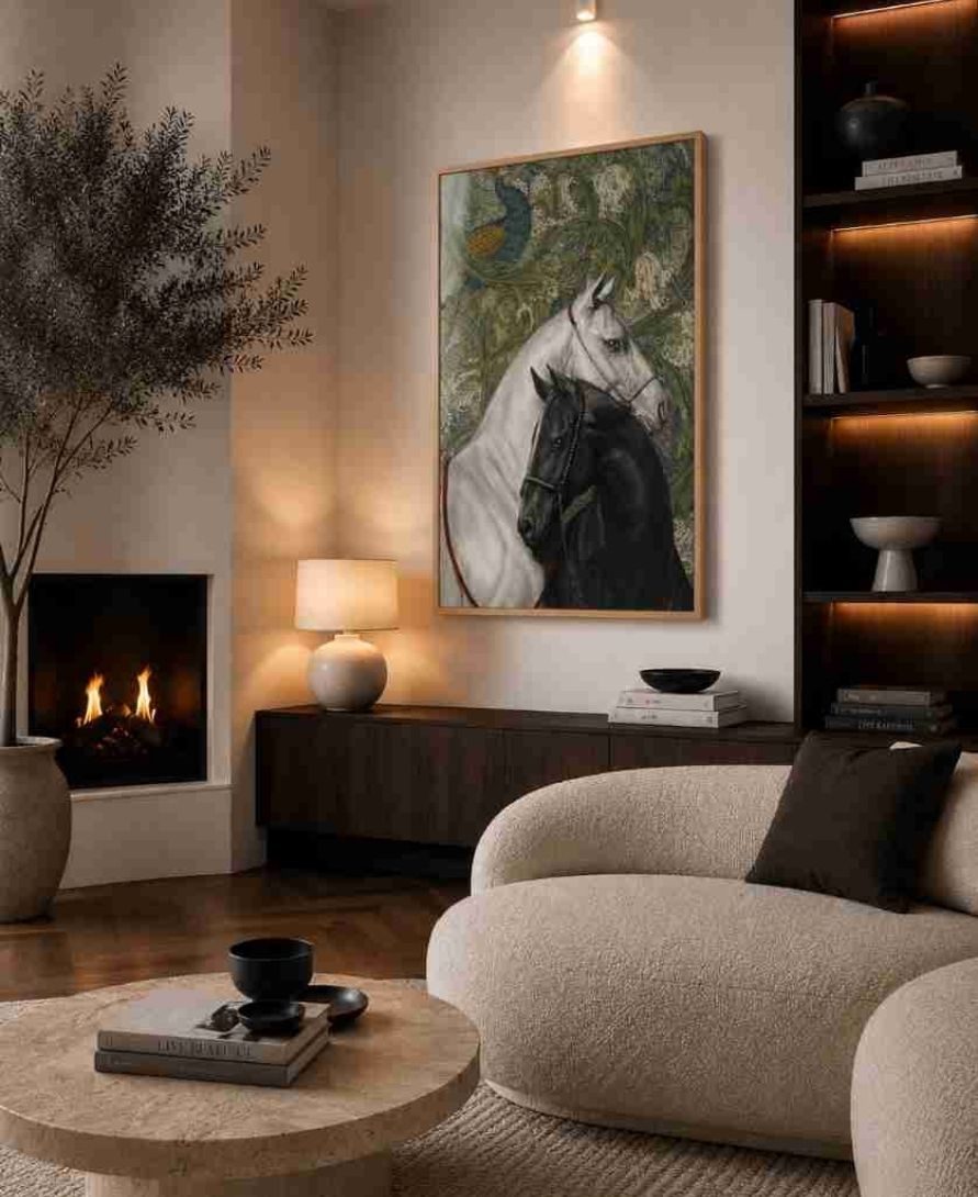 Two horses with peacock tapestry