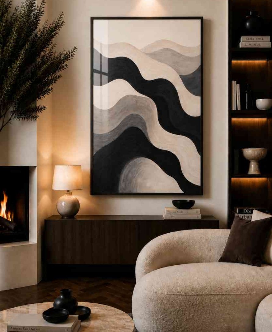 Black, grey & cream wave abstract
