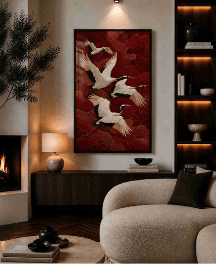 Cranes over red clouds